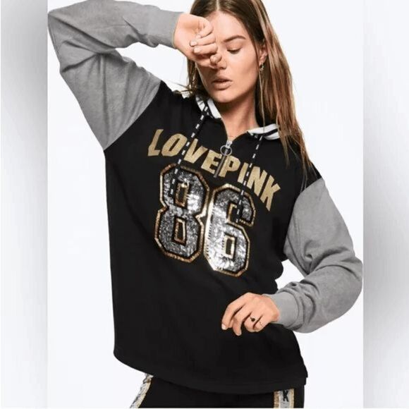 PINK Victorias Secret 86 Black Gold Silver Sequin Bling Glitter Sweater Large - Picture 6 of 8